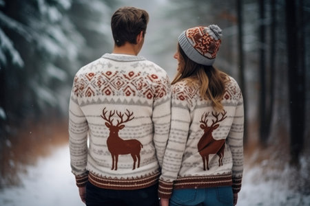 couple in knitted sweater with deer christmas motiveの素材