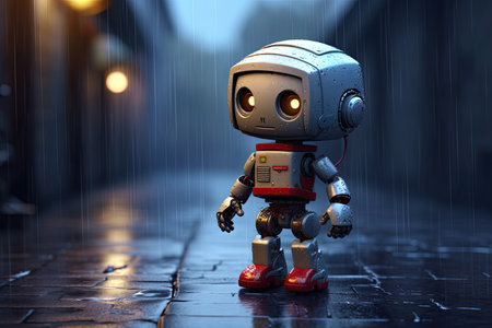 cute little robot stand in rain illustrationの素材