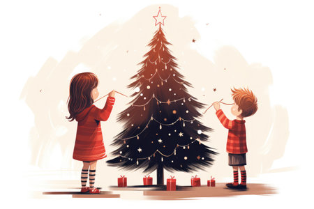 children decorates christmas tree illustrationの素材