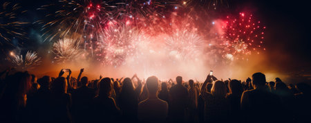 people at new years party on firework backgroundの素材