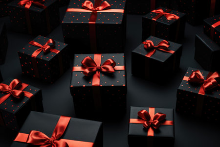 many black gifts with red bow on dark backgroundの素材