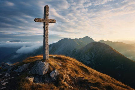 summit cross in mountain nature landscapeの素材