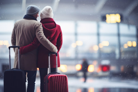 couple with travel suitcase in airport in winterの素材