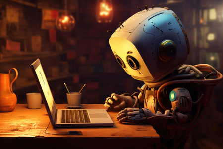 cute little robot work on computer digital technology illustrationの素材