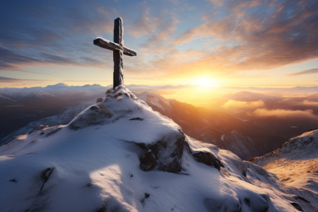 frozen summit cross in mountain winter landscapeの素材
