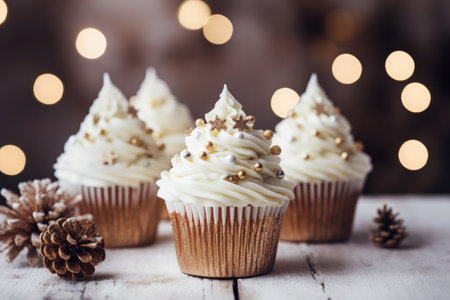 tasty decorated christmas cupcakes on wooden tableの素材