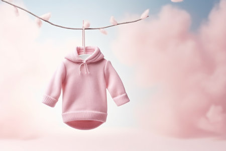 pink baby suit hanging on rope on sky backgroundの素材