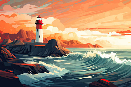 lighthouse in stormy sea big wave seascape illustrationの素材