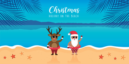 cute santa and deer with sunglasses on paradise beach summer christmas holiday vector illustration EPS10のイラスト素材
