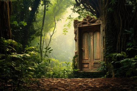 wooden old door in jungle illustrationの素材