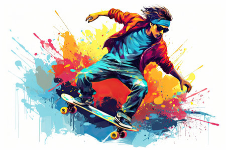 colorful ilustration of a skater boy on whiteの素材