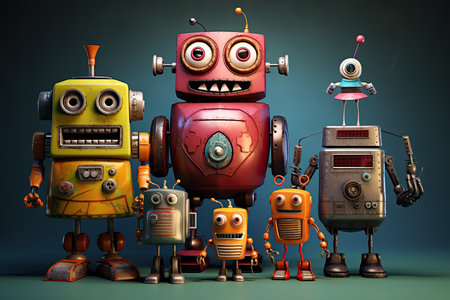colorful robot family technology illustrationの素材