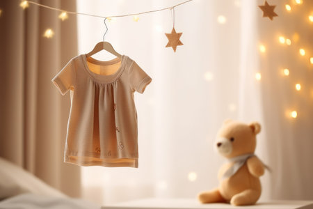 baby suit hanging on rope in childs roomの素材
