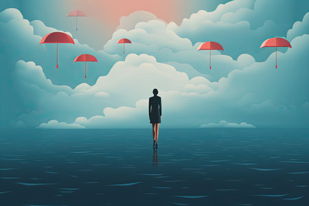 business woman stand under big rainy cloudの素材