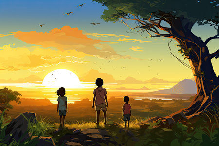 children go for a walk in african landscape illustrationの素材