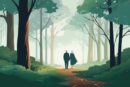 senior couple grandma and grandpa walk in forest illustrationの素材