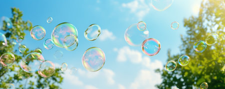 soap bubbles in park in summer landscapeの素材