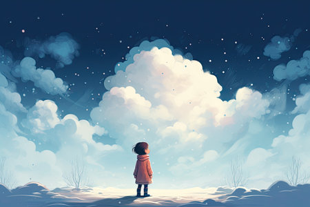 little child stand in the clouds illustrationの素材