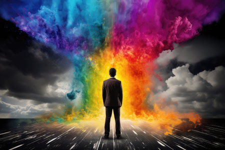 man stand in front of colorful rainbow cloud good idea conceptの素材