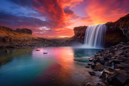beautiful waterfall nature landscape at sunsetの素材