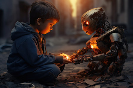 cute child and robot friends illustrationの素材