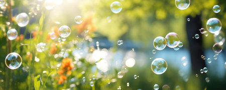 soap bubbles in park in summer landscapeの素材