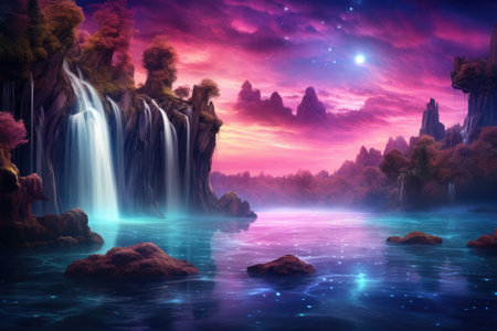 beautiful waterfall nature landscape at sunsetの素材