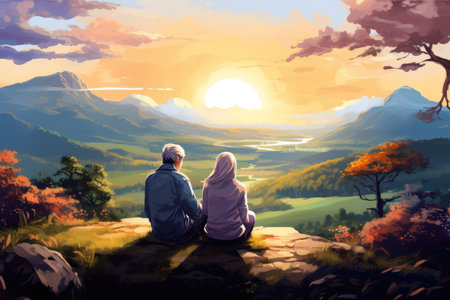 couple sit on cliff with mountain view in autumn nature landscape illustrationの素材