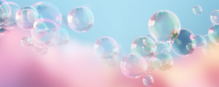 colorful soap bubble in blue sky soft background bannerの素材