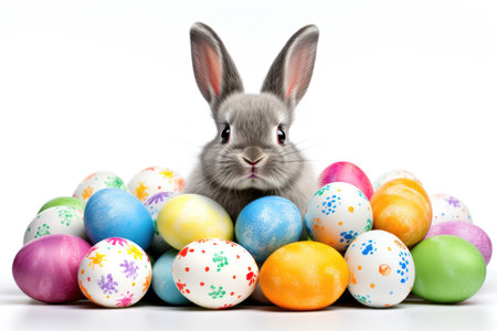 cute easter bunny and colorful eggs holiday design illustrationの素材