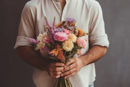 man hold a bunch of flowers close upの素材