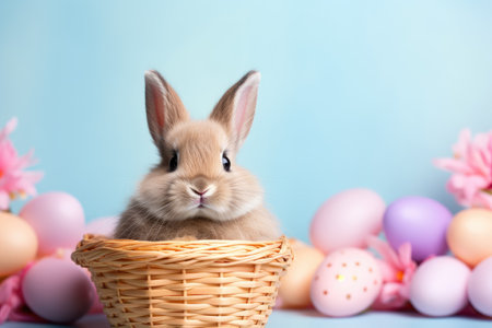 cute easter bunny in basket with colorful eggs holiday designの素材