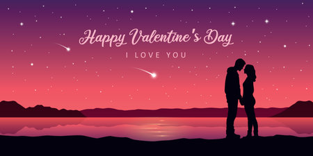 romantic night couple in love at the lake with falling stars vector illustrationのイラスト素材