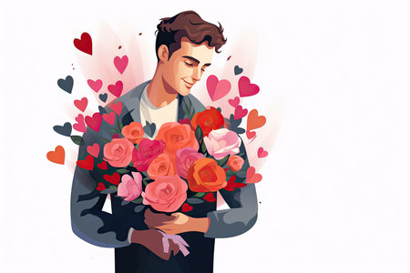 man with bunch of flowers on valentines illustrationの素材