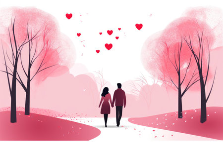 romantic couple walk in park on valentines day illustrationの素材