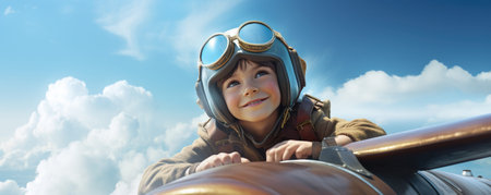 happy little boy dream about flying in skyの素材