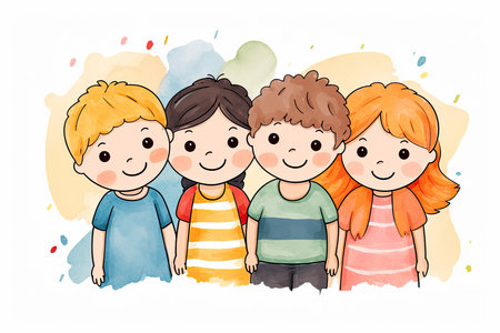 group of happy kids on childrens day cute drawingの素材
