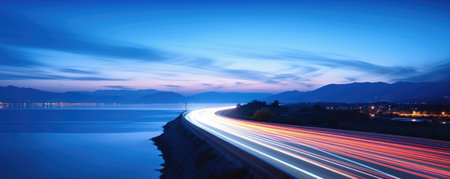 blurred traffic background banner at night with mountain viewの素材