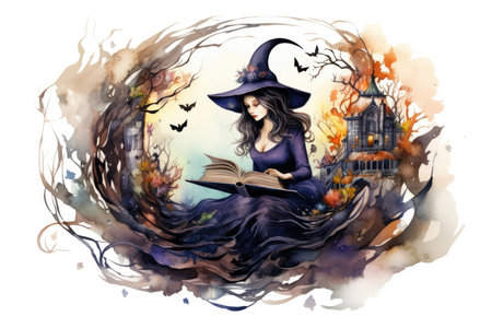 fairy tale open book with witch watercolor illustrationの素材