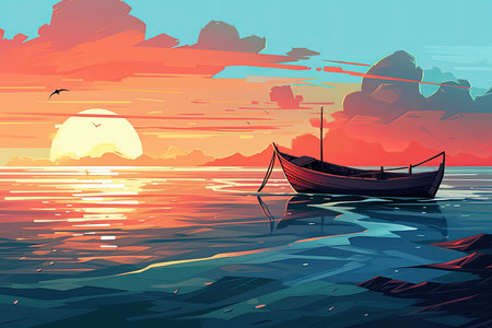 boat in the sea at sunset illustrationの素材