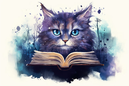 open book fairy tale magical story about cat watercolor designの素材