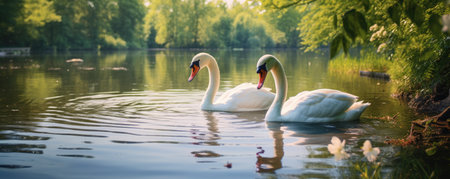 two swans on the lake in summerの素材