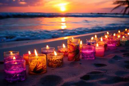 romantic decorated tropical beach in summer with candlesの素材