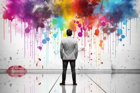 man stand in front of colorful rainbow wall good idea conceptの素材