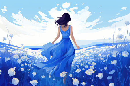 beautiful woman in blue dress in flower field illustrationの素材