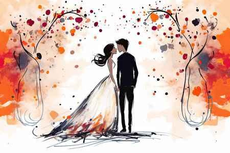 beautiful wedding couple colorful sketch illustrationの素材
