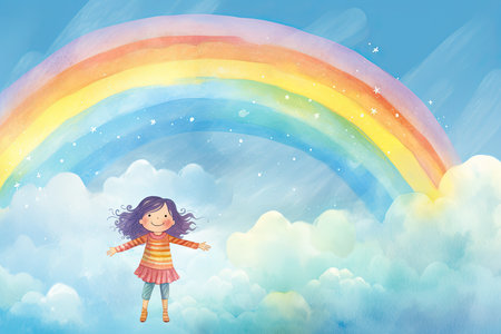 happy child fly under colorful rainbow illustrationの素材