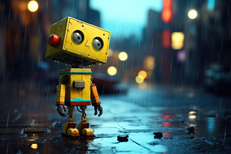 cute little robot stand in rain illustrationの素材