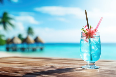 fresh blue cocktail on tropical beach in summerの素材