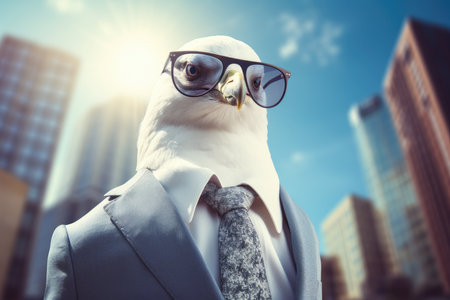 cool business gull with sunglasses on city backgroundの素材